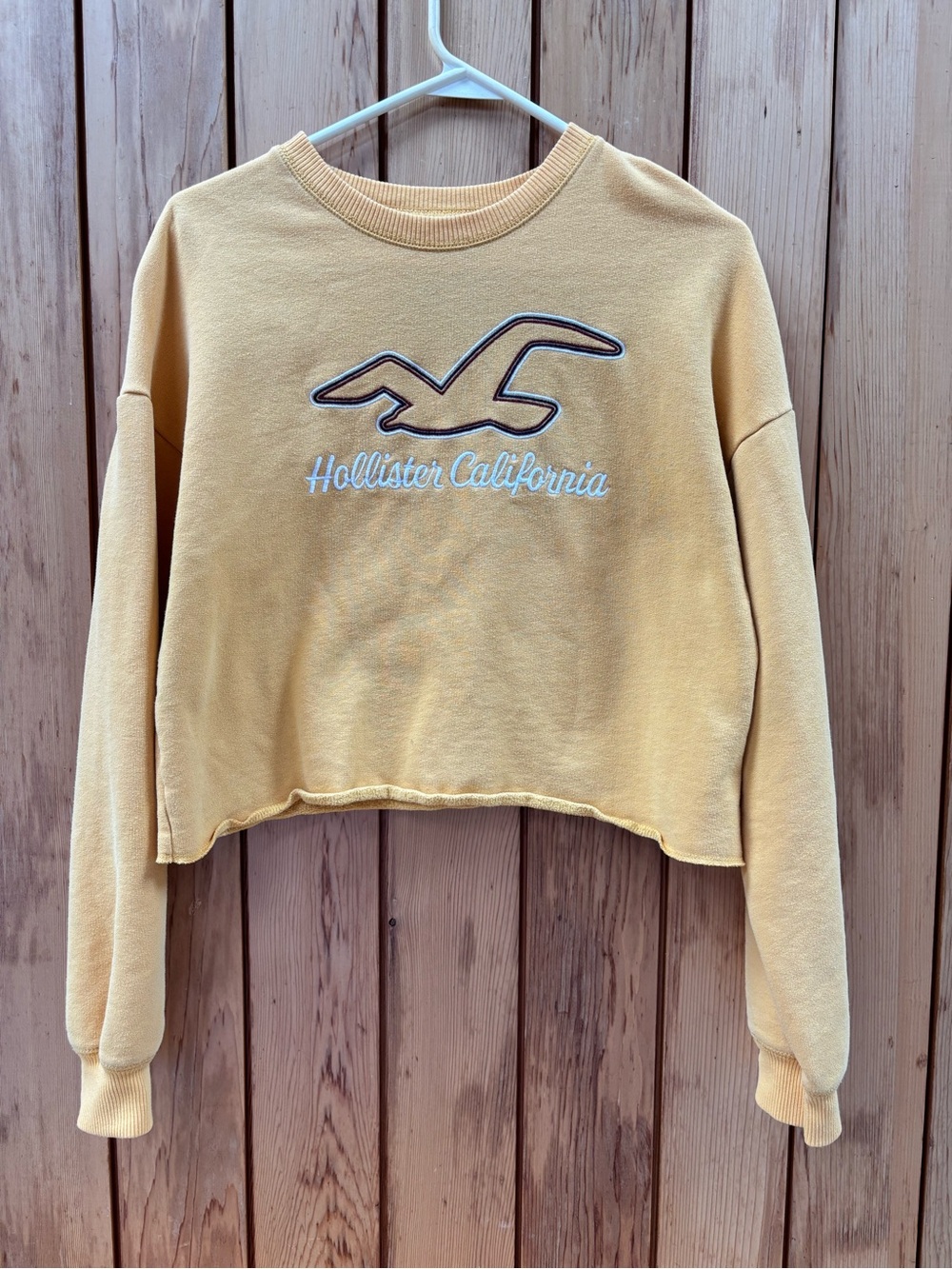 Hollister California Yellow Cropped Crewneck Sweatshirt Embroidered Logo Size S